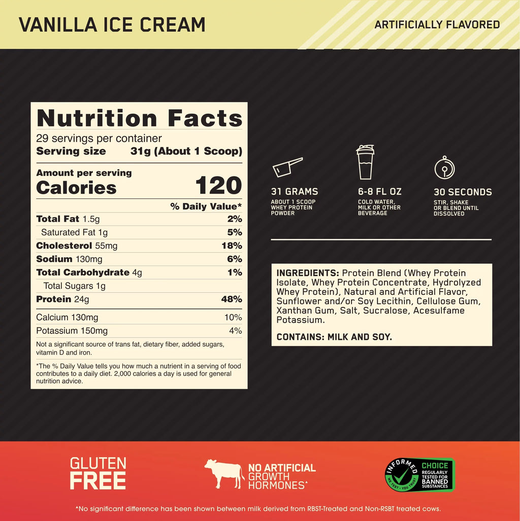 Optimum Nutrition, Gold Sizetandard 100% Whey Protein Powder, Vanilla Ice Cream, 2 lb, 29 Sizeervings