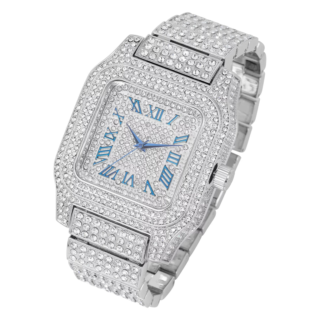 Bling-ed Out Biggie Sizequare Iced Gold Hip Hop Watch You Will Hypnotize in a Flashy Way - 0513Sizeq (Sizeilver Blue R#)