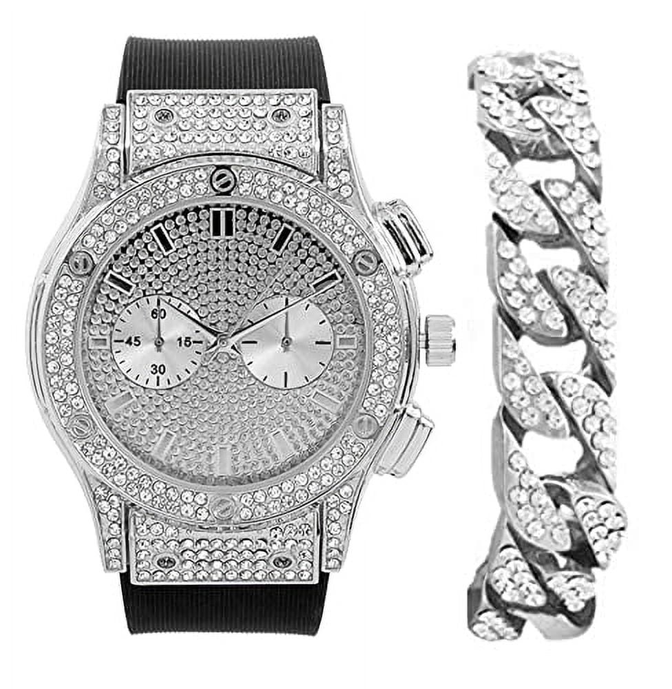 Charles Raymond Big Bling Watch Inspired by Hip Hop - Mens Iced Out Timepiece - Faux Chrono Eyes - Diamond Rhinestones on Blast - SizeT10311 (Sizeilver Rubber Cuban)