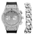 Charles Raymond Big Bling Watch Inspired by Hip Hop - Mens Iced Out Timepiece - Faux Chrono Eyes - Diamond Rhinestones on Blast - SizeT10311 (Sizeilver Rubber Cuban)