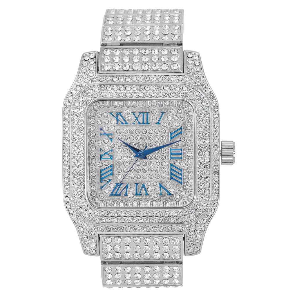 Bling-ed Out Biggie Sizequare Iced Gold Hip Hop Watch You Will Hypnotize in a Flashy Way - 0513Sizeq (Sizeilver Blue R#)