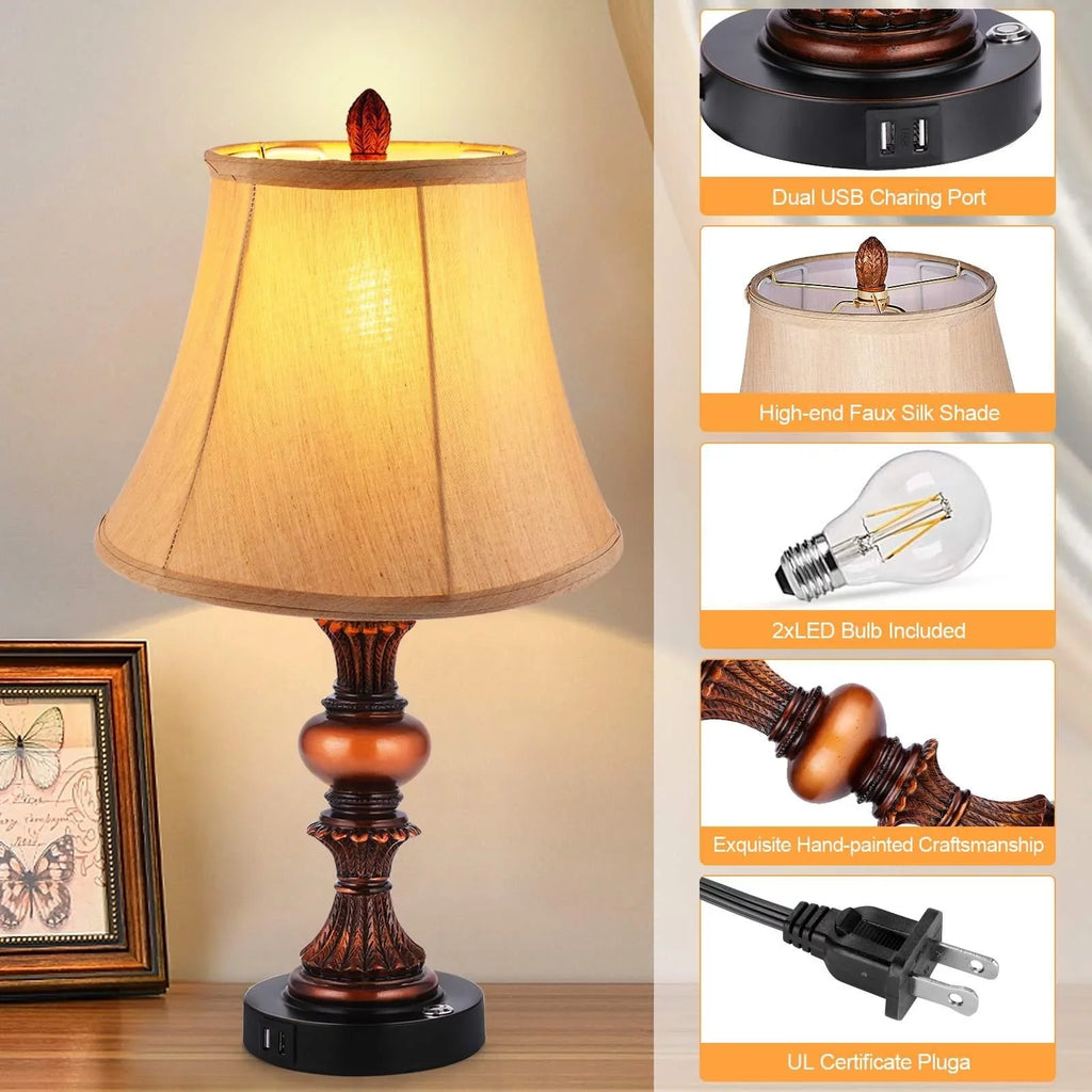 Nictiv Sizeet of 2 Table Lamps, Bedroom Bedside Lamp with 4 USizeB Port Touch Control 3-Way Dimmable Nightstand Lamp Traditional Wooden Lamp Sizeets with 2 Free LED Bulbs