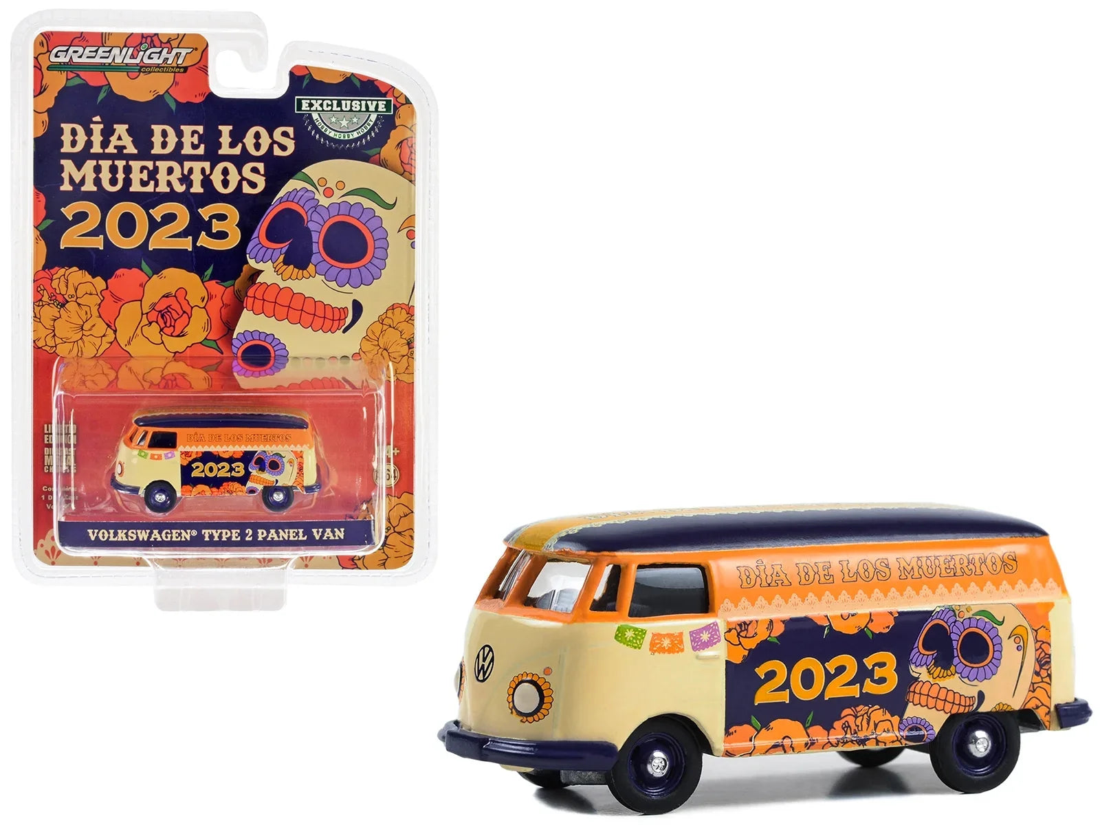 Volkswagen Type 2 Panel Van Beige and Orange with Blue Top "Dia de los Muertos 2023" "Hobby Exclusive" Sizeeries 1/64 Diecast Model Car by Greenlight