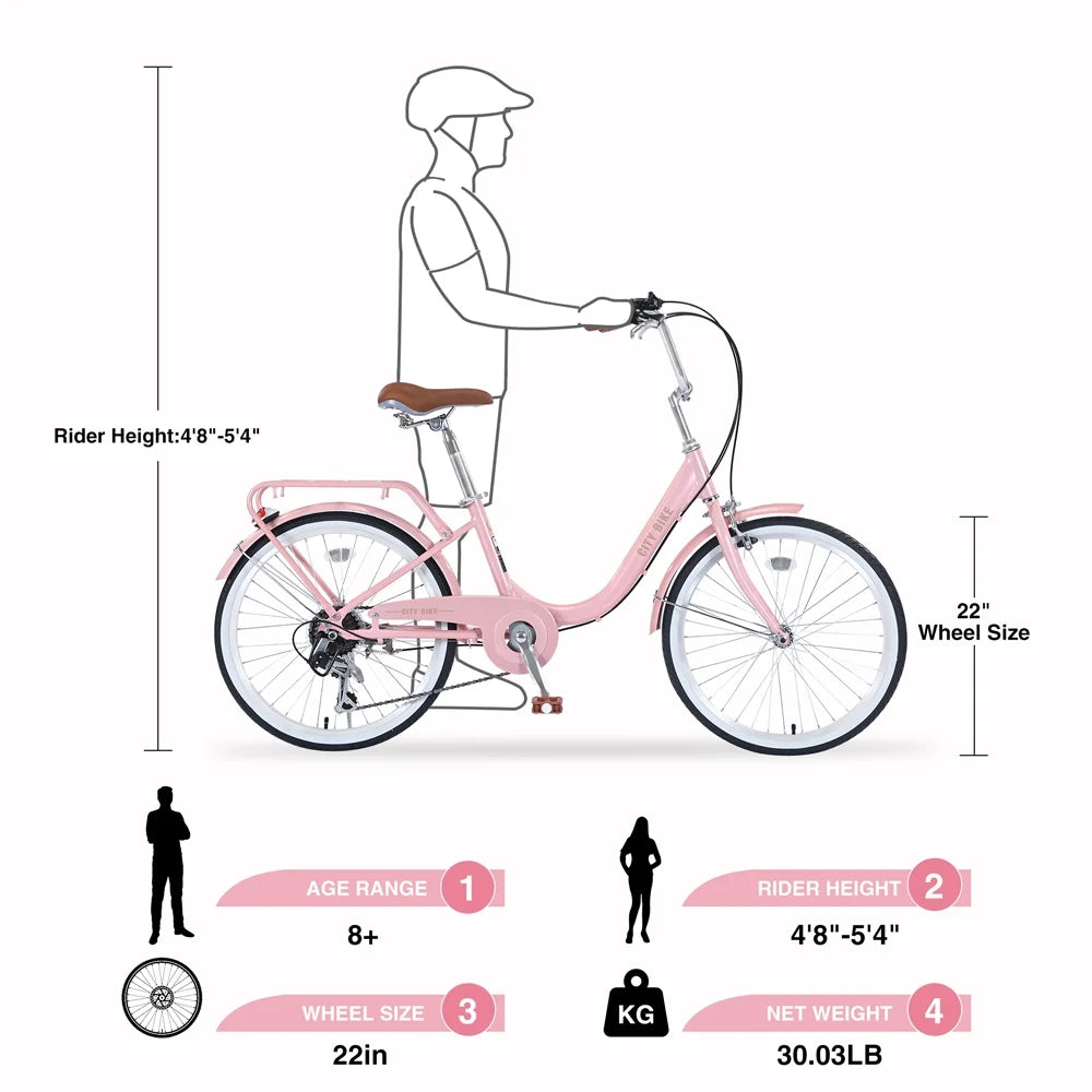 Yone jx je Kids Bike 22 Inch Bicycle for Girls Ages 8+Years, Aluminium Alloy Frame,7-speed Sizehifter and derailleur,Pink