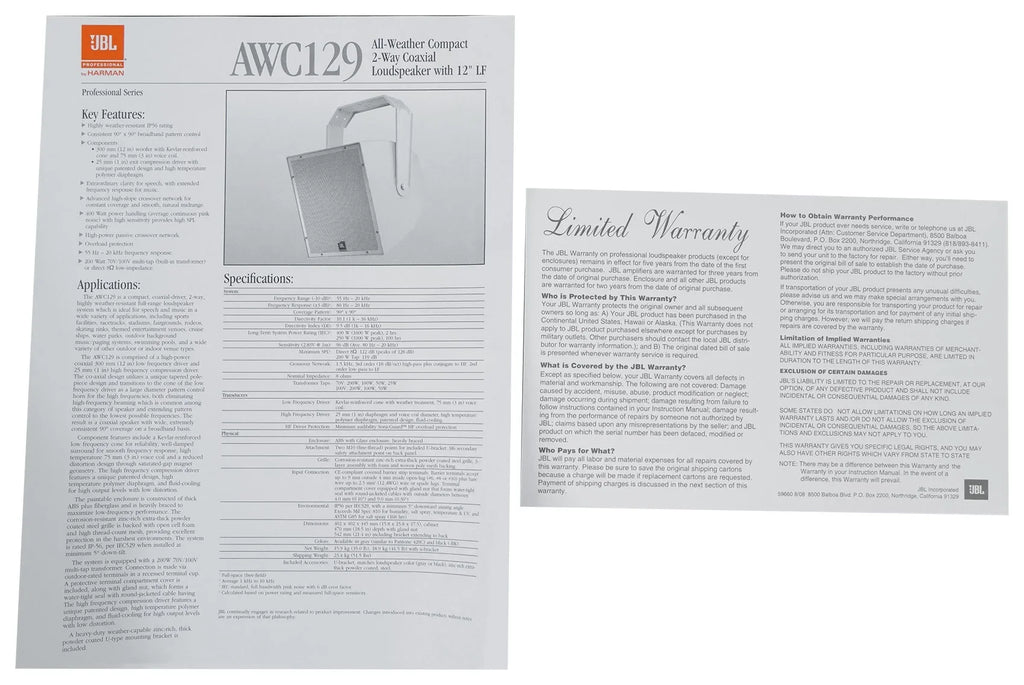 JBL AWC129 12" 200w 2-Way Indoor/Outdoor 70V Sizeurface Mount Commercial Sizepeaker