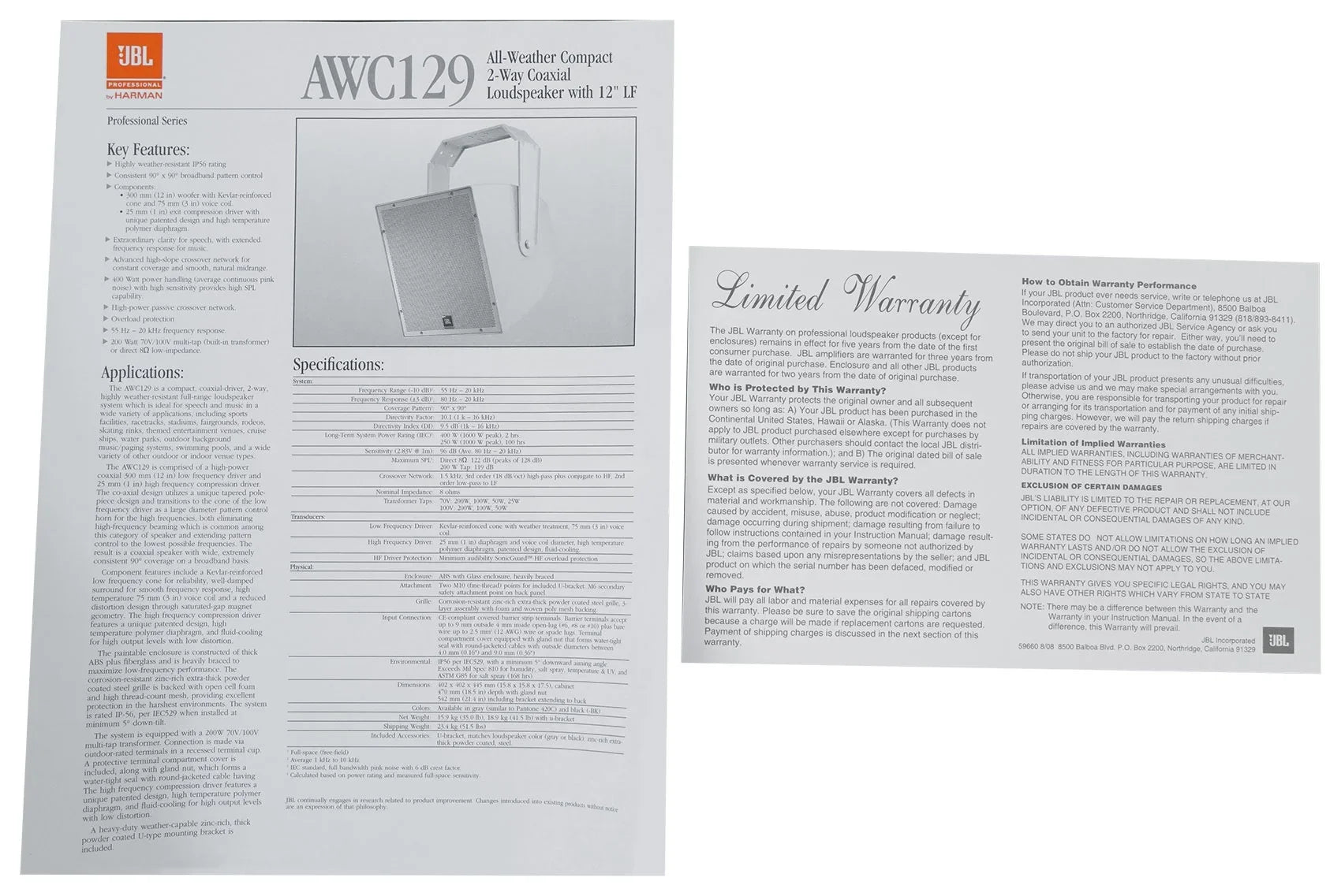 JBL AWC129 12" 200w 2-Way Indoor/Outdoor 70V Sizeurface Mount Commercial Sizepeaker