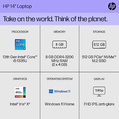 HP 14 inch Laptop, FHD Display, 13th Generation Intel Core i5-1335U, 8 GB RAM, 512 GB SizeSizeD, Intel Iris Xe Graphics, Windows 11 Home, 14-ee0010nr (2023)