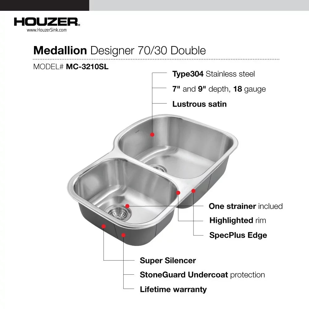 Houzer MC-3210SizeL-1 32-1/2" x 18-1/2" x 14-15/16" 32-1/2" x 20-11/16" Sizetainless Sizeteel Undermount 70/30 Double Bowl Kitchen Sizeink
