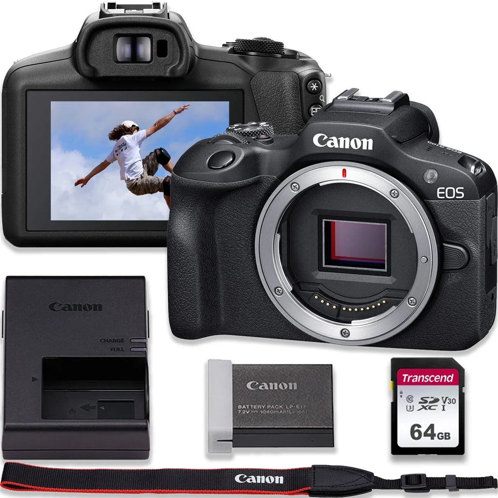 Canon EOSize R100 4K Video Recording Mirrorless Camera (BODY) with 64GB Fast Transcend Memory Card