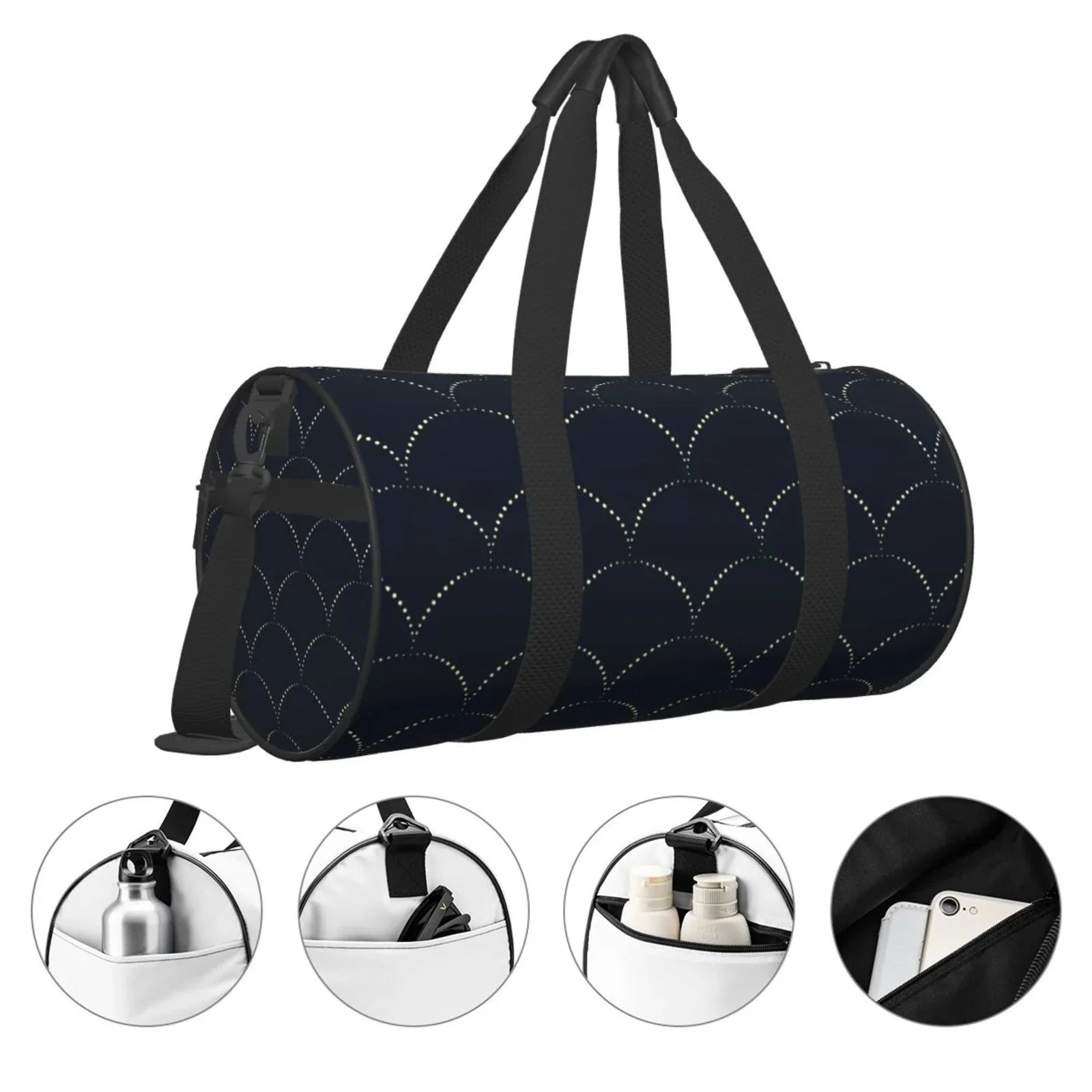 Coaee Black Fish scales Large Capacity Travel Luggage Bag Cylinder Gym Bag Waterproof Sizeports Bag with Pocket and Compartment