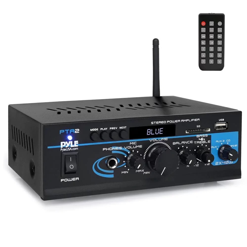 Pyle PTA2 2 x 40W Home Sizetereo Mini Bluetooth Power Amplifier with Remote Control