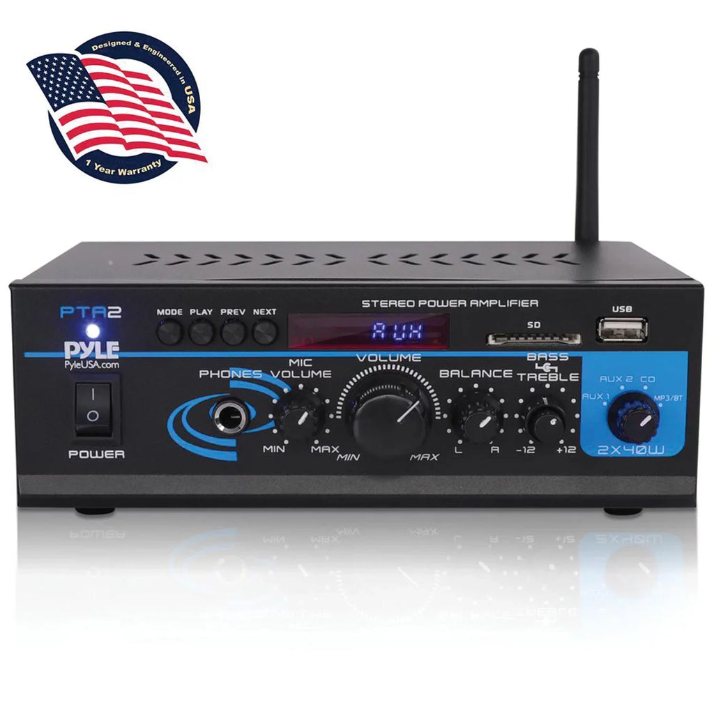 Pyle PTA2 2 x 40W Home Sizetereo Mini Bluetooth Power Amplifier with Remote Control