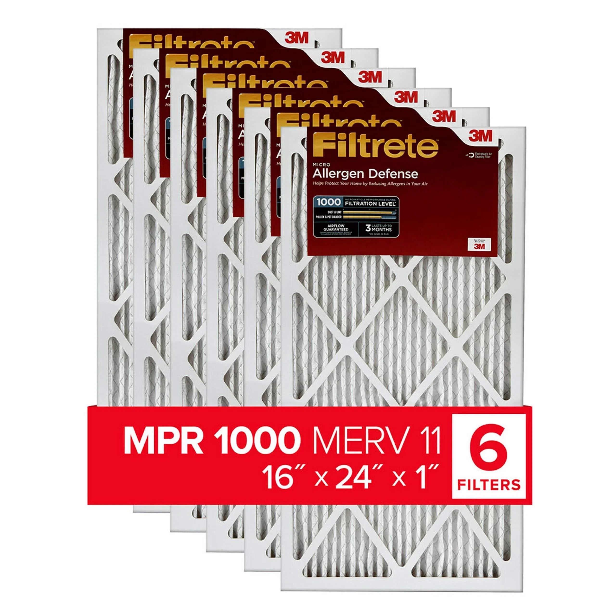 Filtrete 16x24x1, AC Furnace Air Filter, MPR 1000, Micro Allergen Defense, 6-Pack (exact dimensions 15.81 x 23.81 x 0.81)