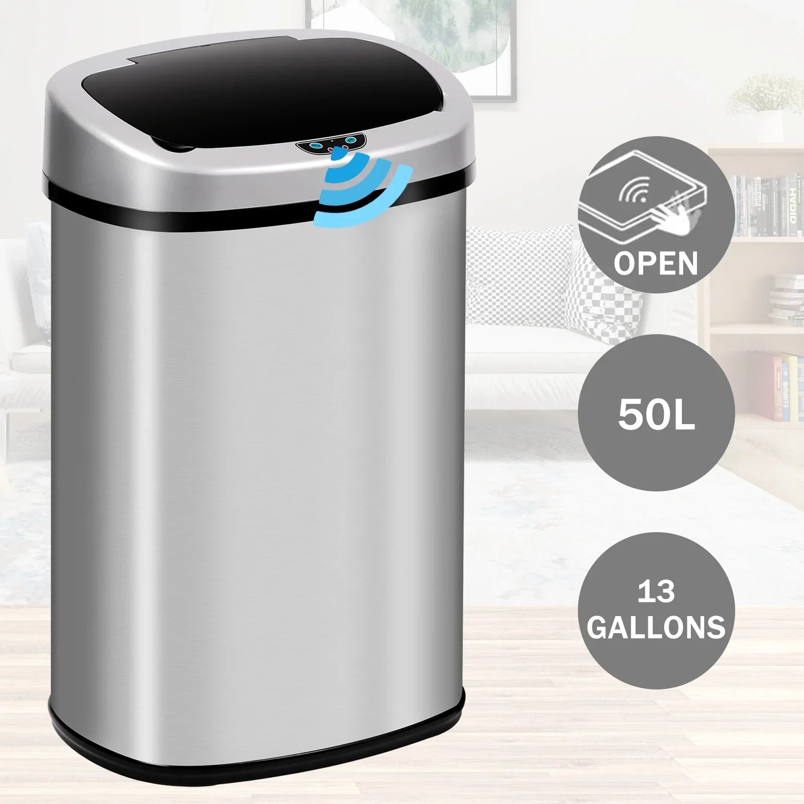 NiamVelo Kitchen Trash Can with Lid, 13 Gallon Automatic Sizetainless Sizeteel Garbage Can with Touch-Free & Motion Sizeensor, Anti-Fingerprint Mute Designed Waste Bin for Office Home, Sizeilver