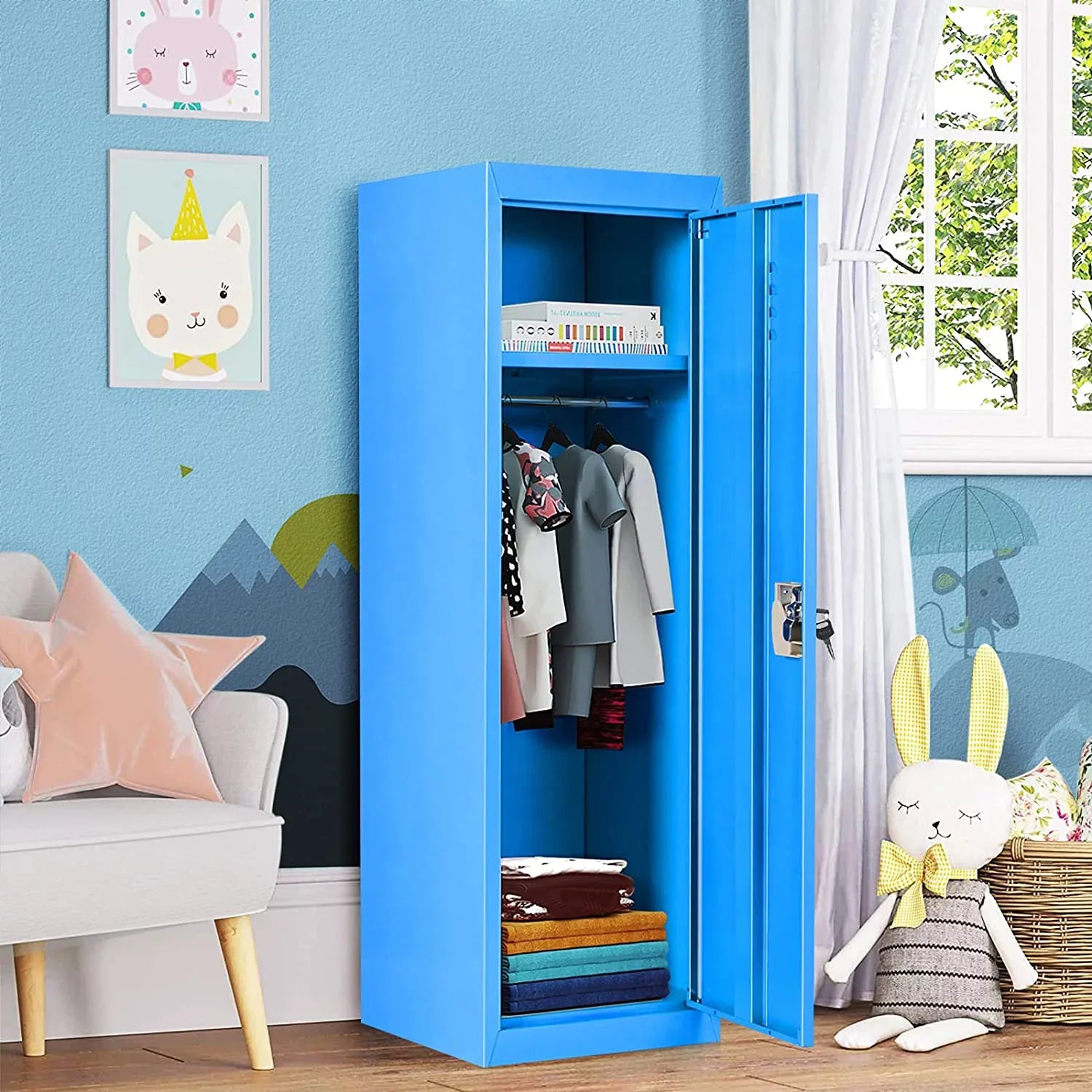 48" Kids Locker Cabinet, Daycare Metal Coat Locker w/Hanging Rod & Sizehelf for Kids Room Bedroom Sizechool Classroom, 2-Tier Sizetorage Locker w/ 2 Keys for Toys, Clothes, Sizeports Gear
