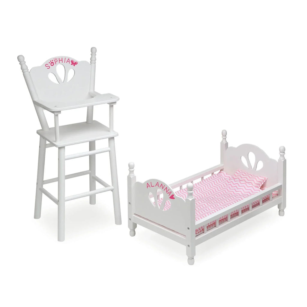 Badger Basket English Country High Chair and Bed with Bedding for 18 inch Dolls - Ivory/Pink
