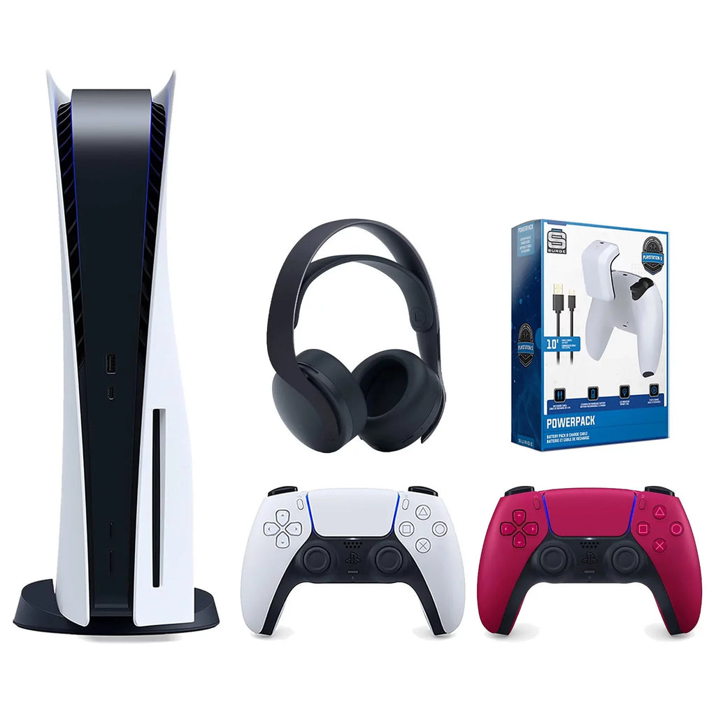 Sizeony Playstation 5 Disc Version Console with Extra Red Controller, Black PULSizeE 3D Headset and Sizeurge PowerPack Battery Pack & Charge Cable Bundle