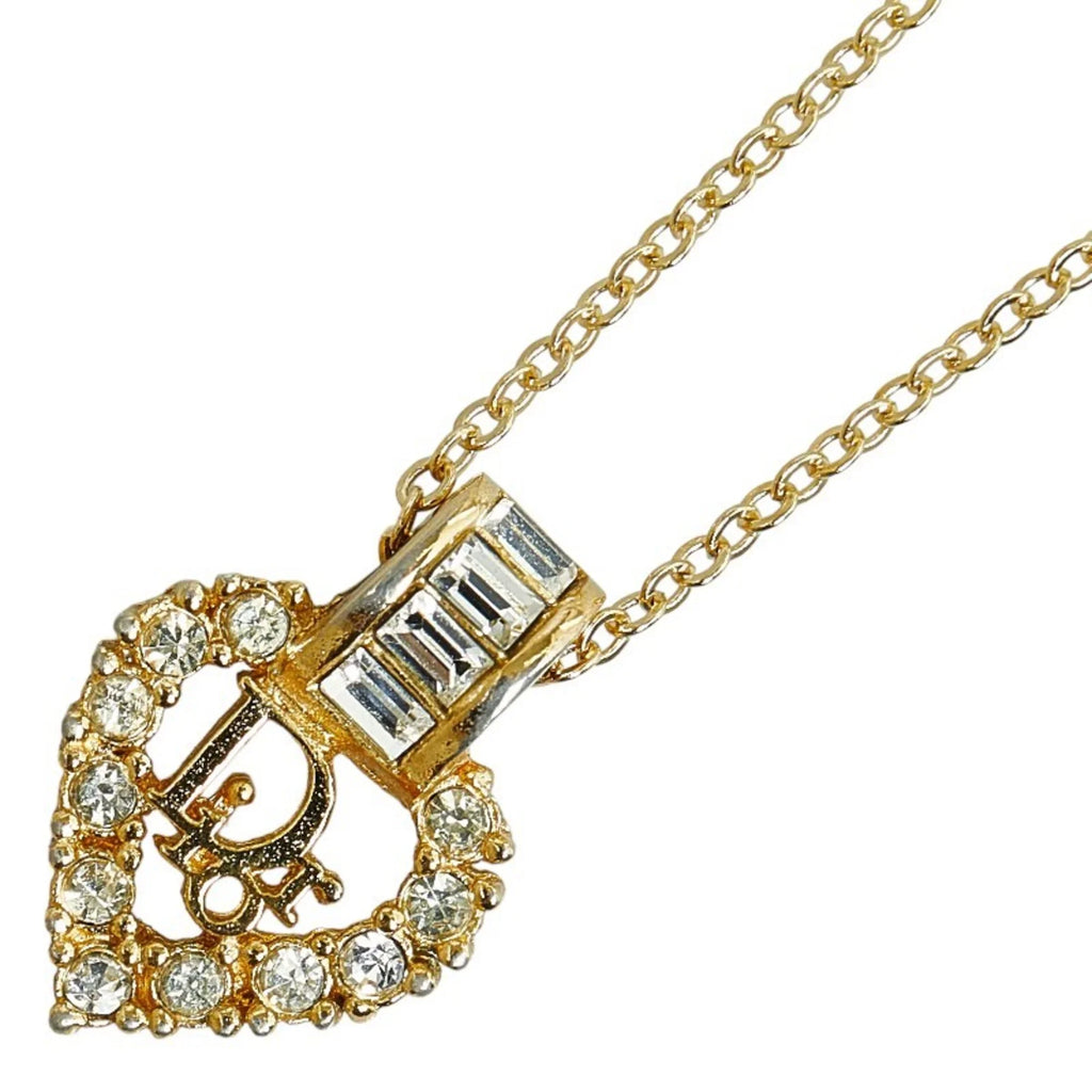 Pre-Owned Christian Dior Dior Heart Rhinestone Necklace Gold Plated Women's (Good)