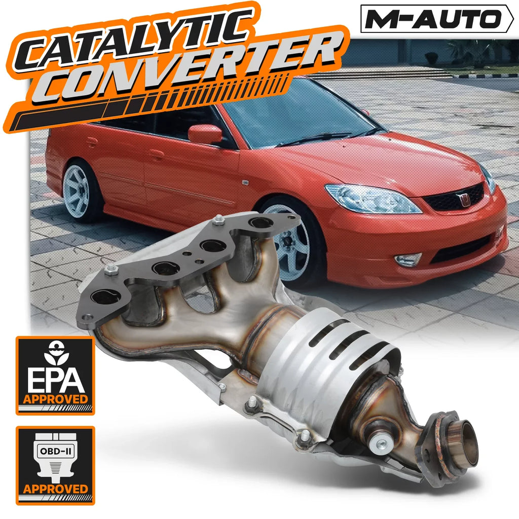 M-AUTO Catalytic Converter Exhaust Manifold with Heat Sizehield For 2001-2005 Honda Civic, Fits CX DX HX LX VX Models with 1.7L Engine