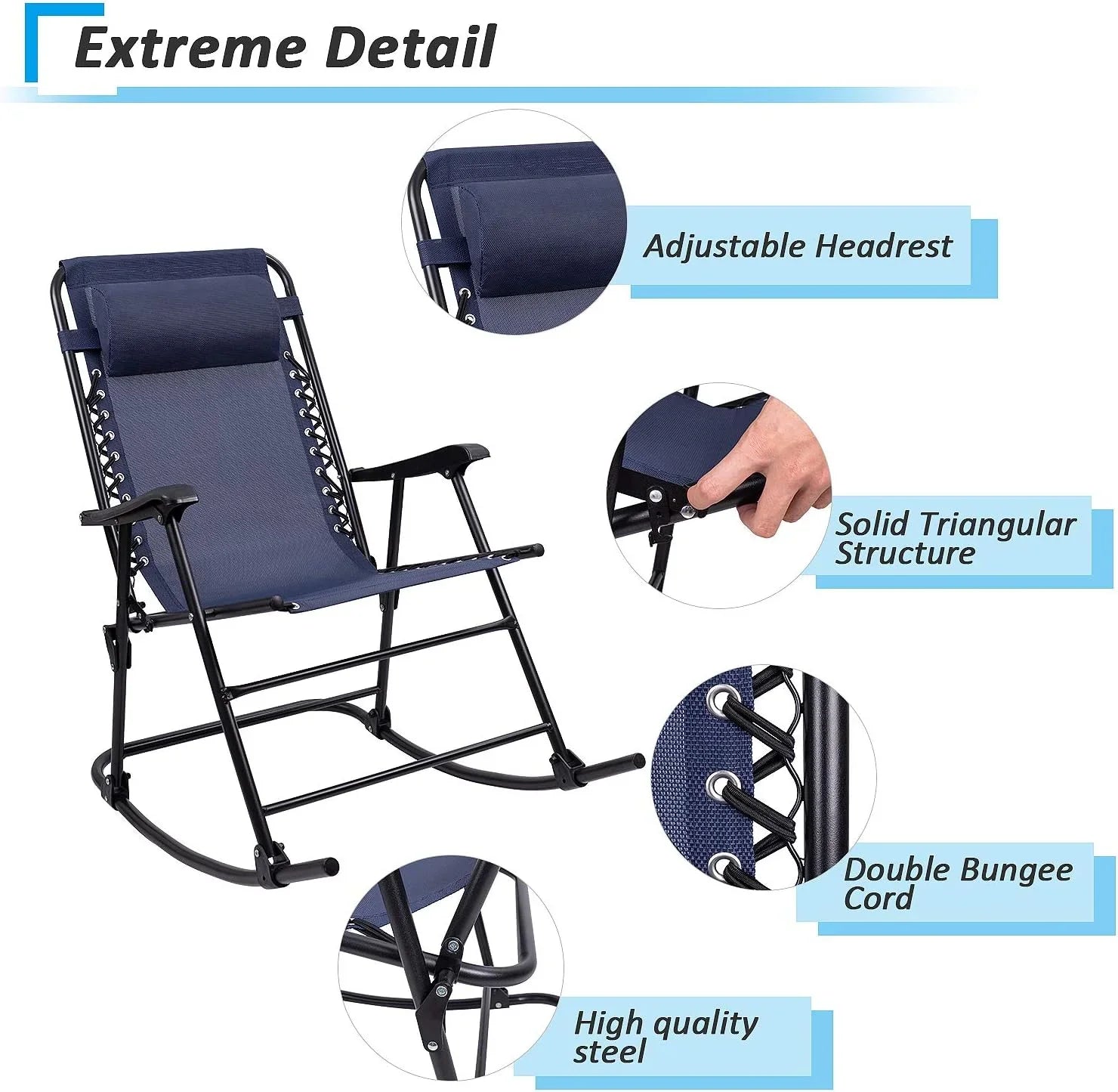 Patio Rocking Chair Outdoor Wide Chair Portable Rest Chair Folding With Headrest For Camping Fishing Beach Poolside(Blue)