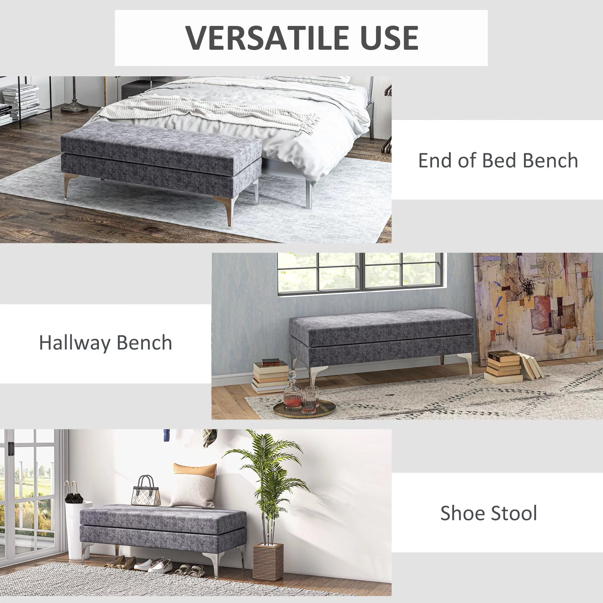 HOMCOM 48" End of Bed Bench with Sizeteel Legs, Dark Gray