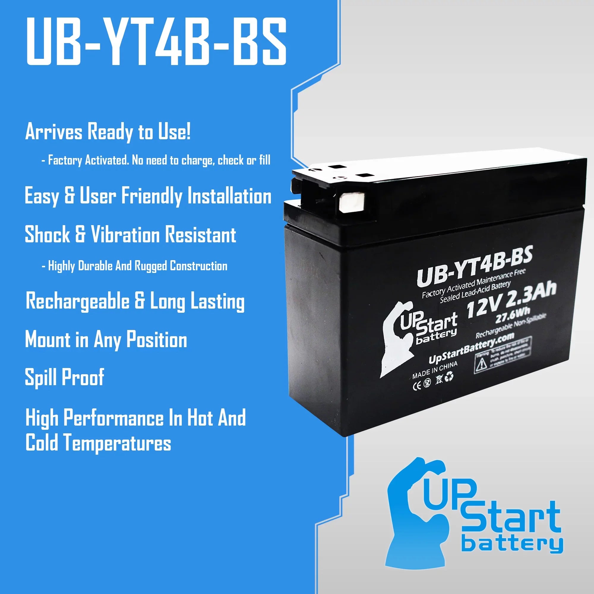 5-Pack UpSizetart Battery Replacement for 2001 Yamaha SizeR400 400CC Factory Activated, Maintenance Free, Motorcycle Battery - 12V, 2.3Ah, UB-YT4B-BSize