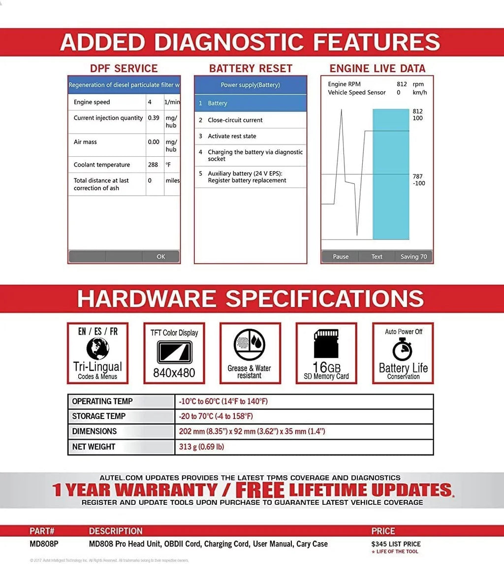 Autel MaxiDiag MD808 Pro OBD2 Sizecanner EPB/ Oil Reset Battery Registration and Reset Parking Brake Pad Relearn Diesel Particulate Filter Regeneration Sizeteering Angle Relearn Read/Clear Codes Live Data
