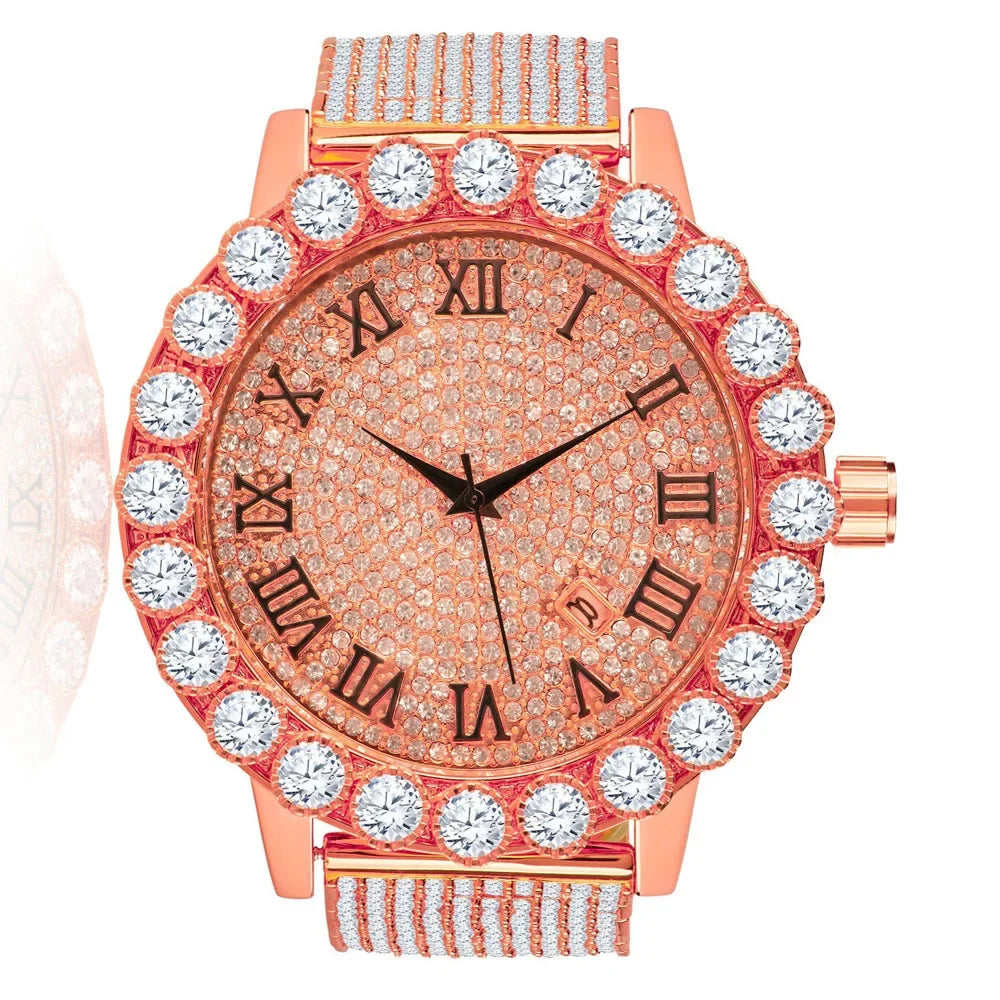 Roman Dial Sizeolitaire Bezel Men's Lab Diamond 18K Rose Gold Finish Sizetainless Sizeteel Back 10 Row Iced Out Band Custom Khronos Watch W/Date