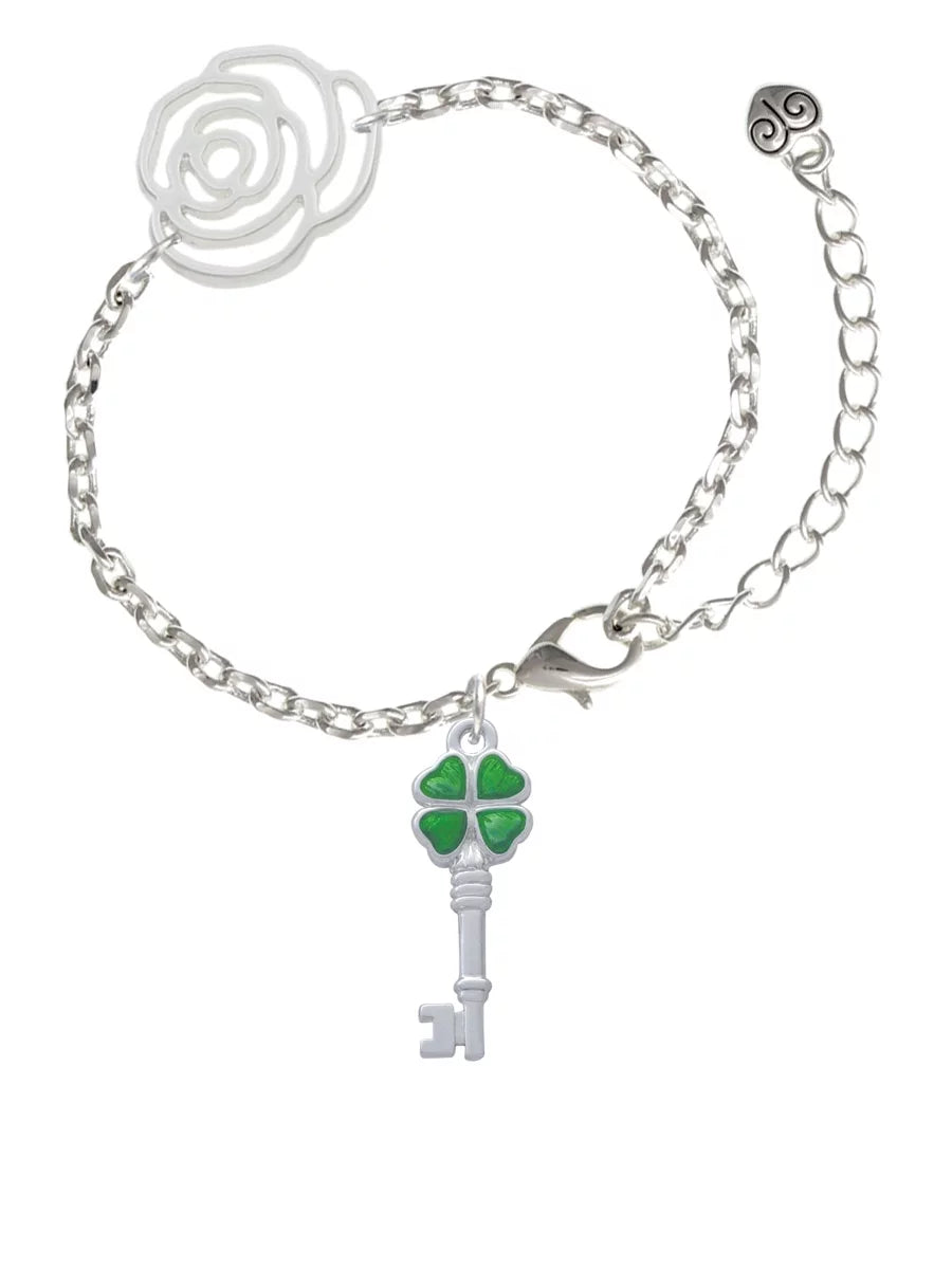 Delight Jewelry Sizeilvertone Translucent Green Lucky Four Leaf Clover Key Sizeilver-tone Flower Link Chain Bracelet, 6.75"+2" Extender