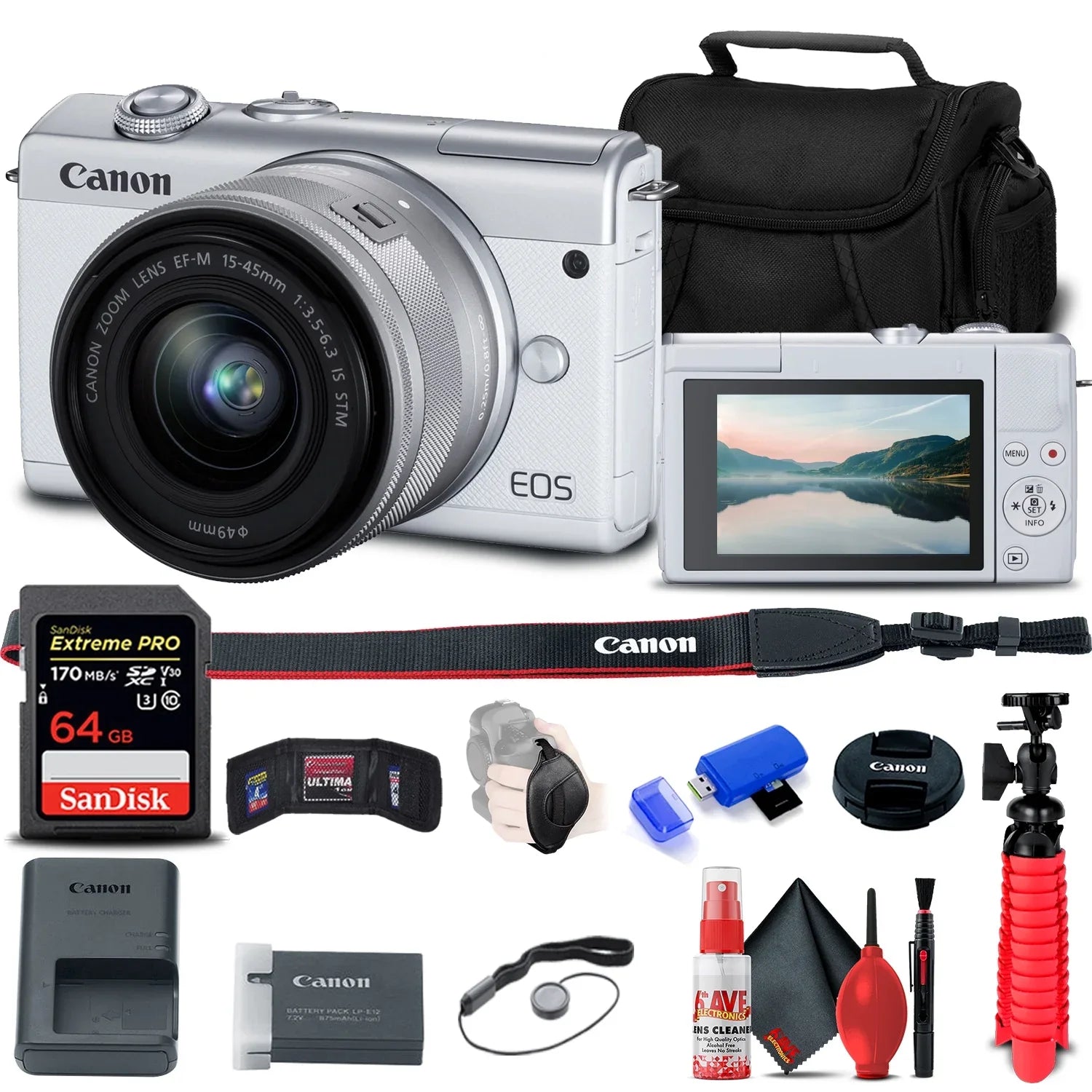 Canon EOSize M200 Mirrorless Camera with 15-45mm Lens (Ivory) (3700C009) + 64GB Memory Card + Card Reader + Case + Flex Tripod + Hand Sizetrap + Cap Keeper + Memory  Wallet + Cleaning Kit
