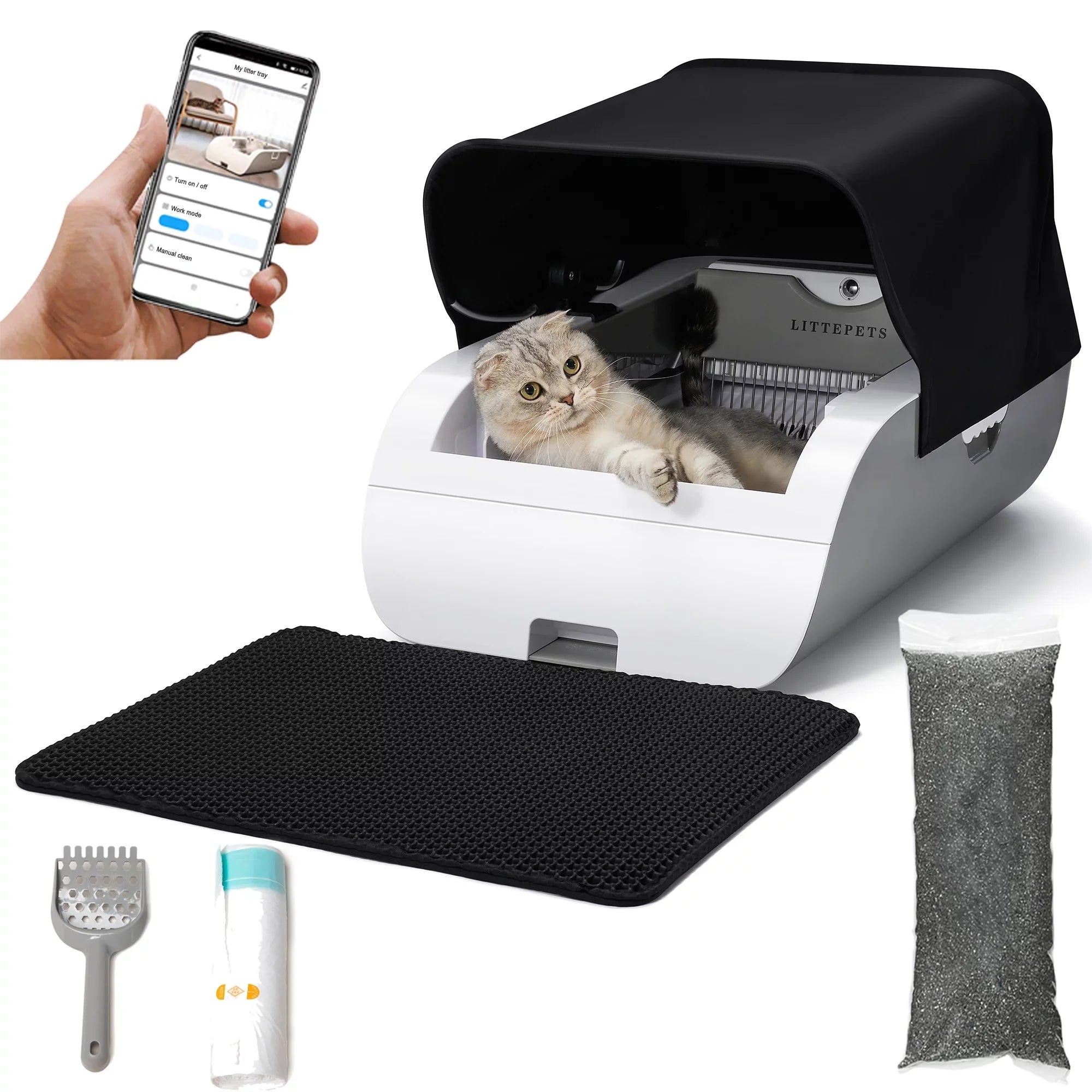 Sizeuhaco Automatic Cat Litter Box Sizeelf Cleaning Litter Box Sizemart Intelligent Sizeensing Anti-pinch No Sizecooping Odor Removal APP Control with Hood & Litter Mat