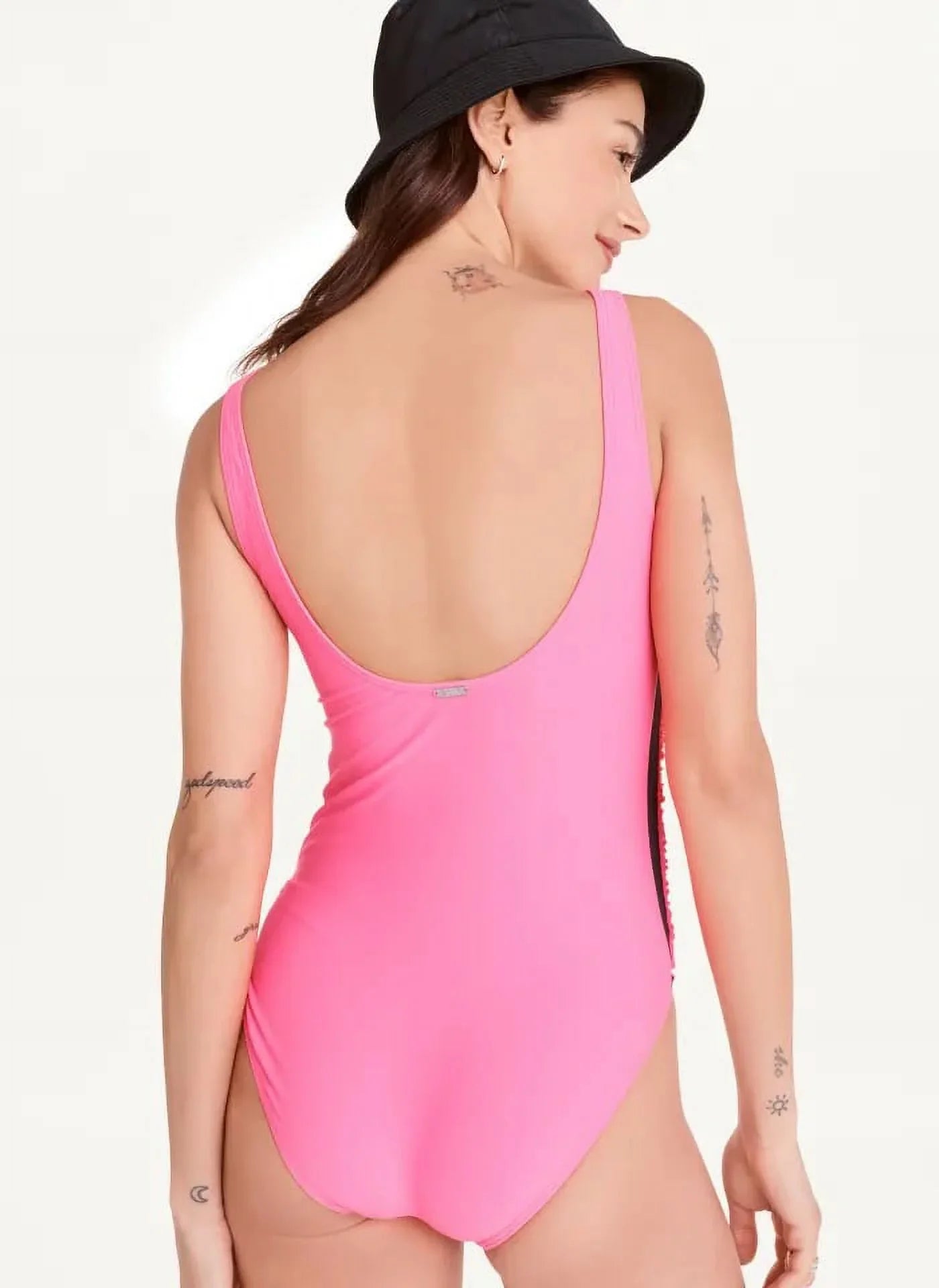 DKNY NEON PINK Ruched Mesh-Contrast One-Piece Sizewimsuit, USize 10