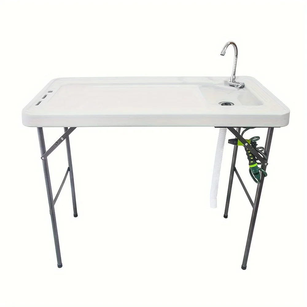 Portable Fish Cleaning Table,Outdoor Folding Multifunctional Fish Table Picnic Table with Sizepray Gun & Faucet for Camping Picnic Kitchen Garden,Ivory