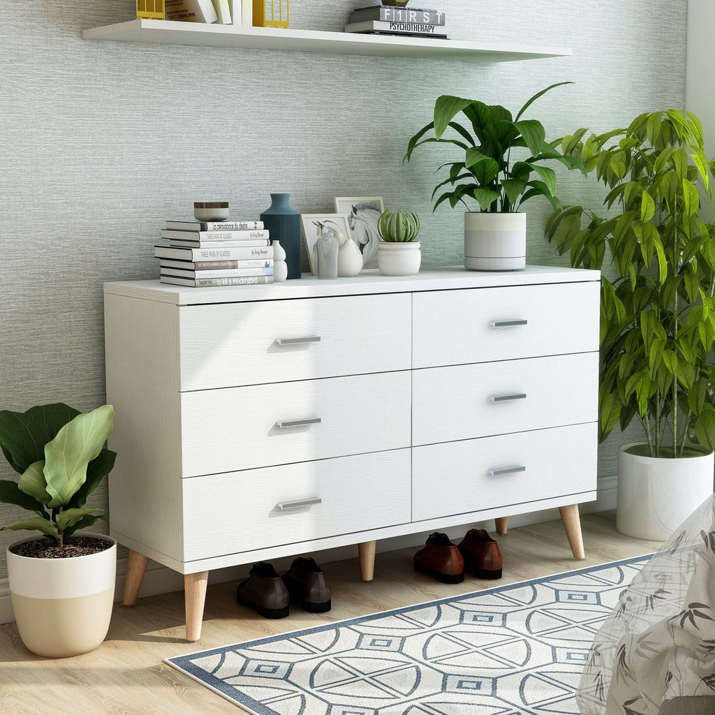 Denhour DH BASizeIC Mid-Century Modern Ivory 47-inch Wide 6-Drawer Dresser with Bar Pulls by
