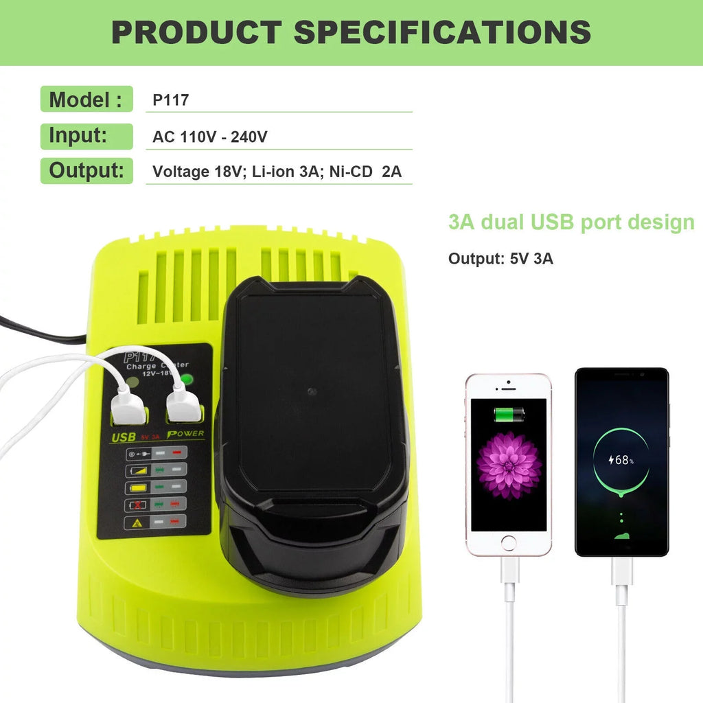 18V P117 Fast Charger For Ryobi P108 Li-ion Battery P107 P104 P109 P103 USize Plug