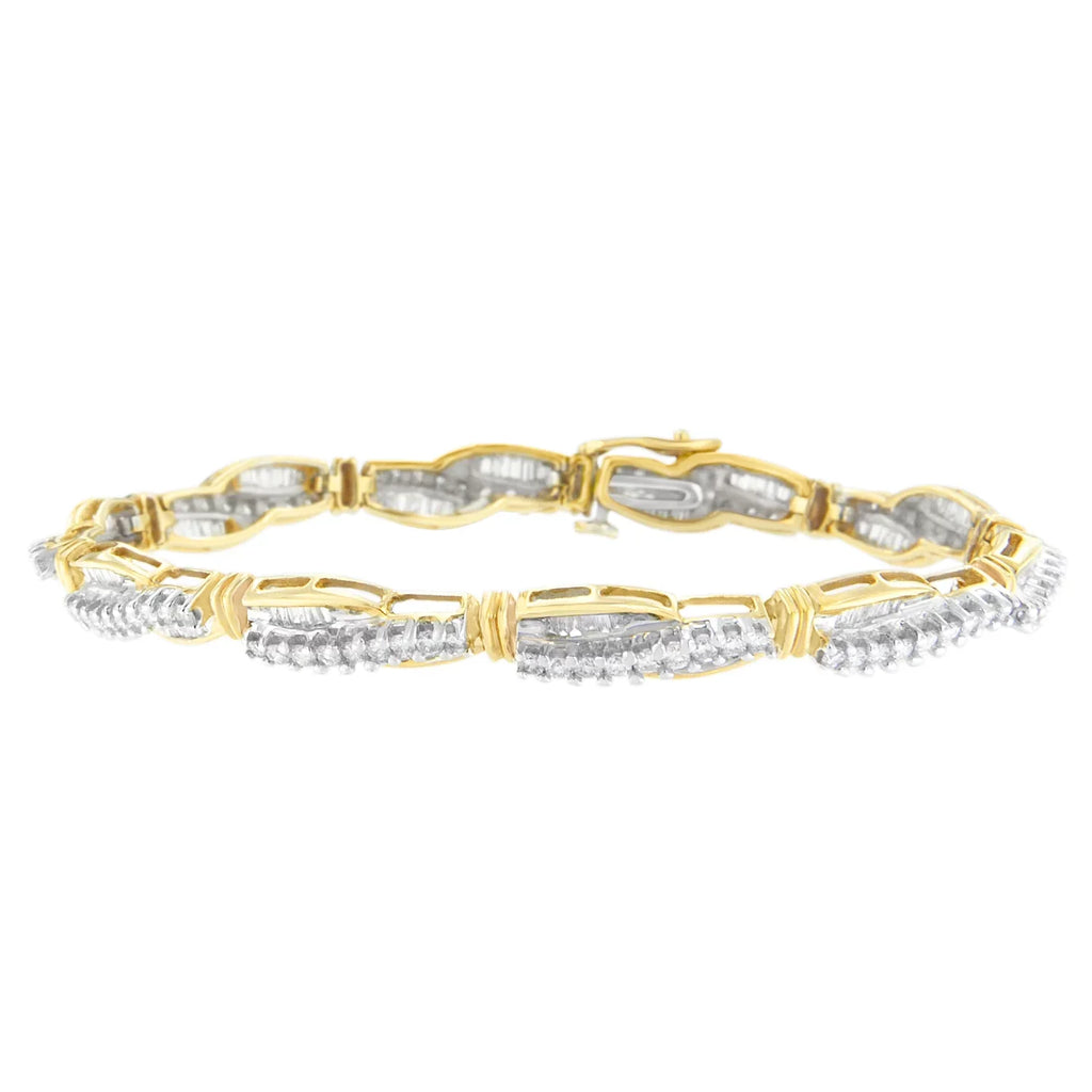 14K Yellow Gold 3 CTTW Round and Baguette Cut Winding Love Diamond Bracelet (H-I,SizeI1-SizeI2)