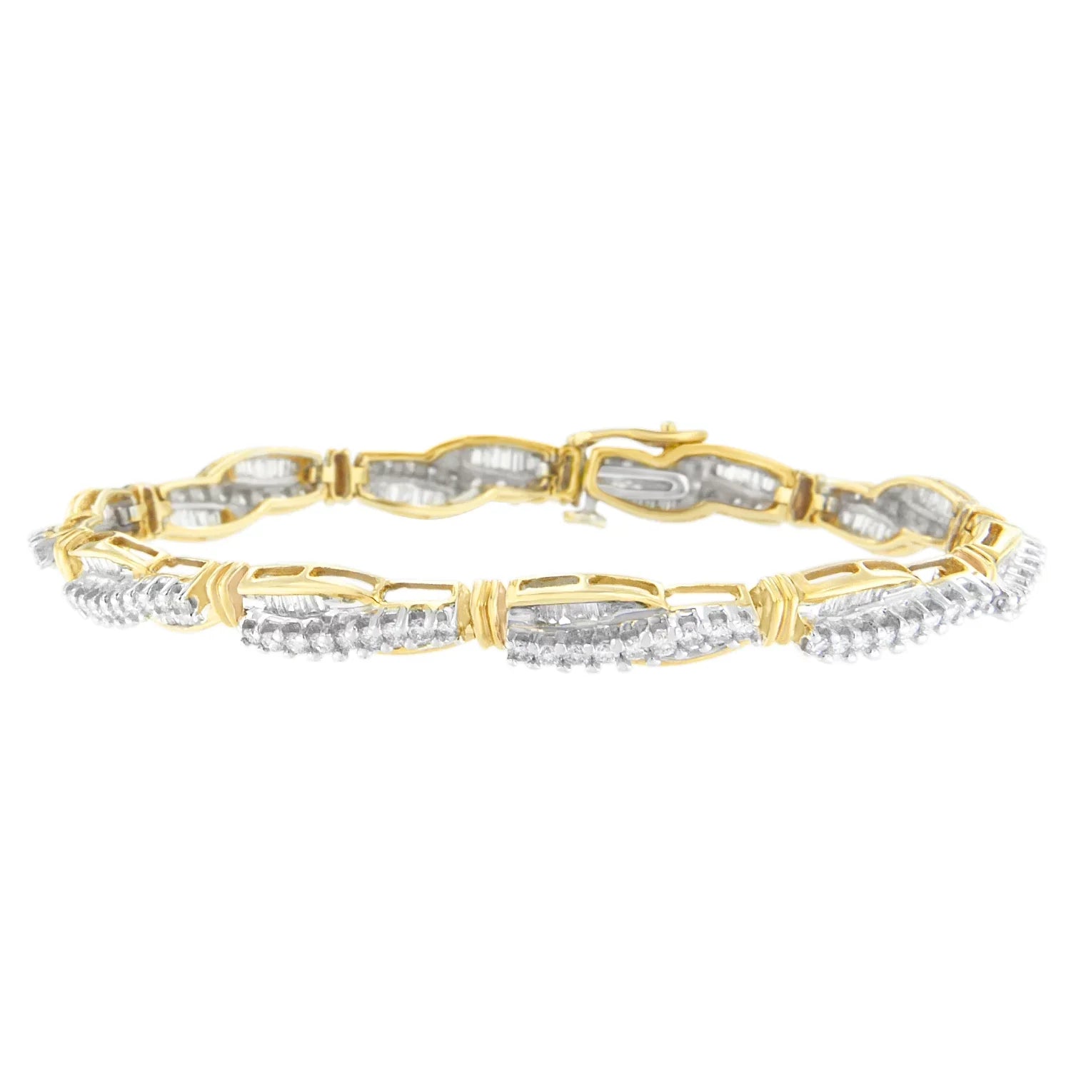 14K Yellow Gold 3 CTTW Round and Baguette Cut Winding Love Diamond Bracelet (H-I,SizeI1-SizeI2)