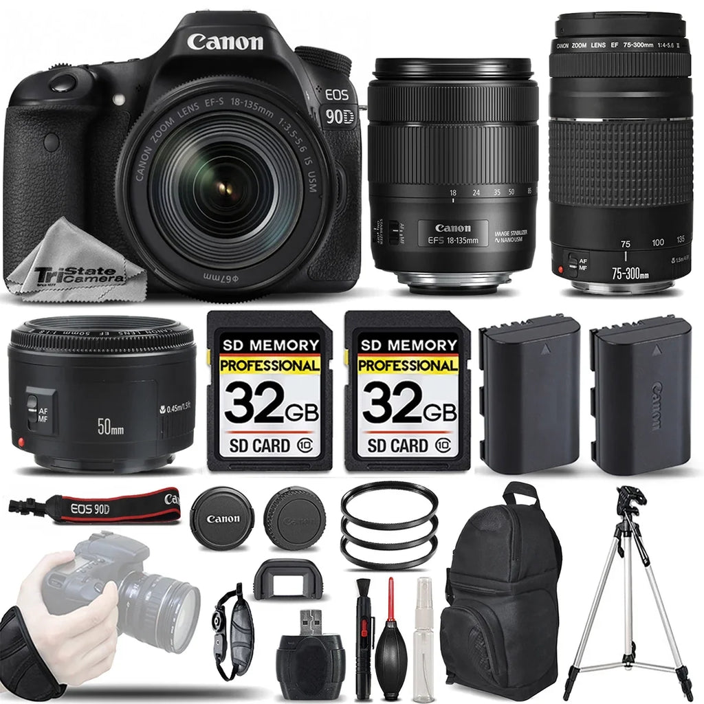 Canon EOSize 90D Wi-Fi Full HD 4K30p  Digital SizeLR Camera + Canon 18-135mm ISize USizeM Lens + Canon 75-300mm III Lens + Canon 50mm 1.8 II Lens. All Original Accessories Included