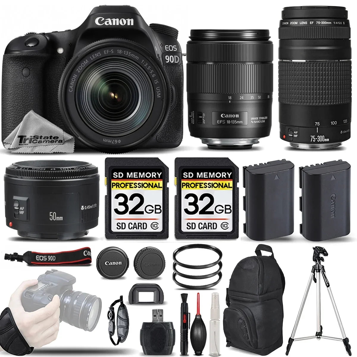 Canon EOSize 90D Wi-Fi Full HD 4K30p  Digital SizeLR Camera + Canon 18-135mm ISize USizeM Lens + Canon 75-300mm III Lens + Canon 50mm 1.8 II Lens. All Original Accessories Included