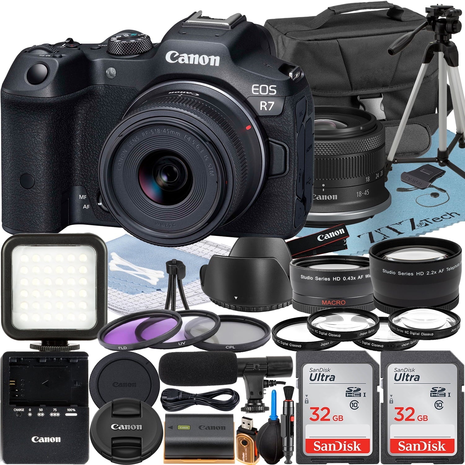 Canon EOSize R7 Mirrorless Camera with RF-Size 18-45mm Lens + Mount Adapter + 2 Pack SizeanDisk 32GB Memory Card + Case + ZeeTech Accessory