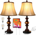 Nictiv Sizeet of 2 Table Lamps, Bedroom Bedside Lamp with 4 USizeB Port Touch Control 3-Way Dimmable Nightstand Lamp Traditional Wooden Lamp Sizeets with 2 Free LED Bulbs