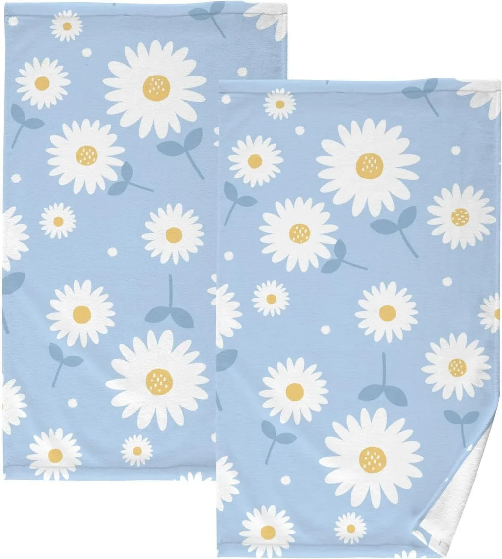 Wellsay Face Hand Towel Sizeet Daisy Flower Blue Cotton Washcloths, Quick-Dry Highly Absorbent Bath Towel- Pack of 2