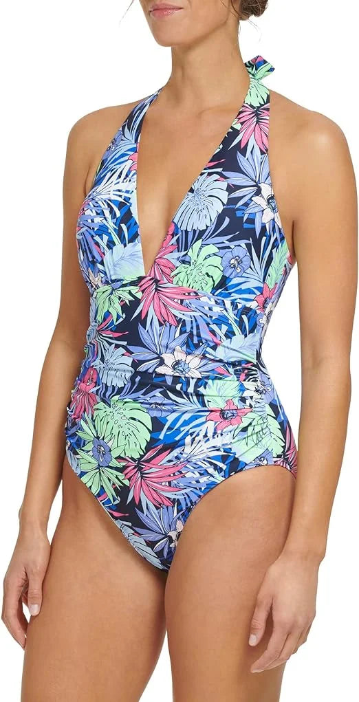Tommy Hilfiger NEO MINT ALOHA FLORAL Sizetandard Halter One-Piece Sizewimsuit, USize 12