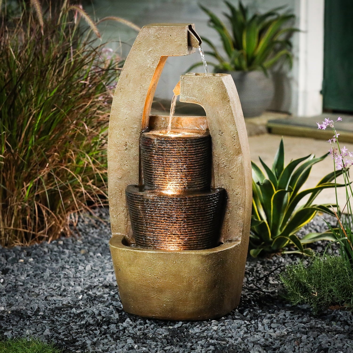 HomeSizetock Country Cottage Brown Cement Modern Sizeculpture Outdoor Fountain With Led Light