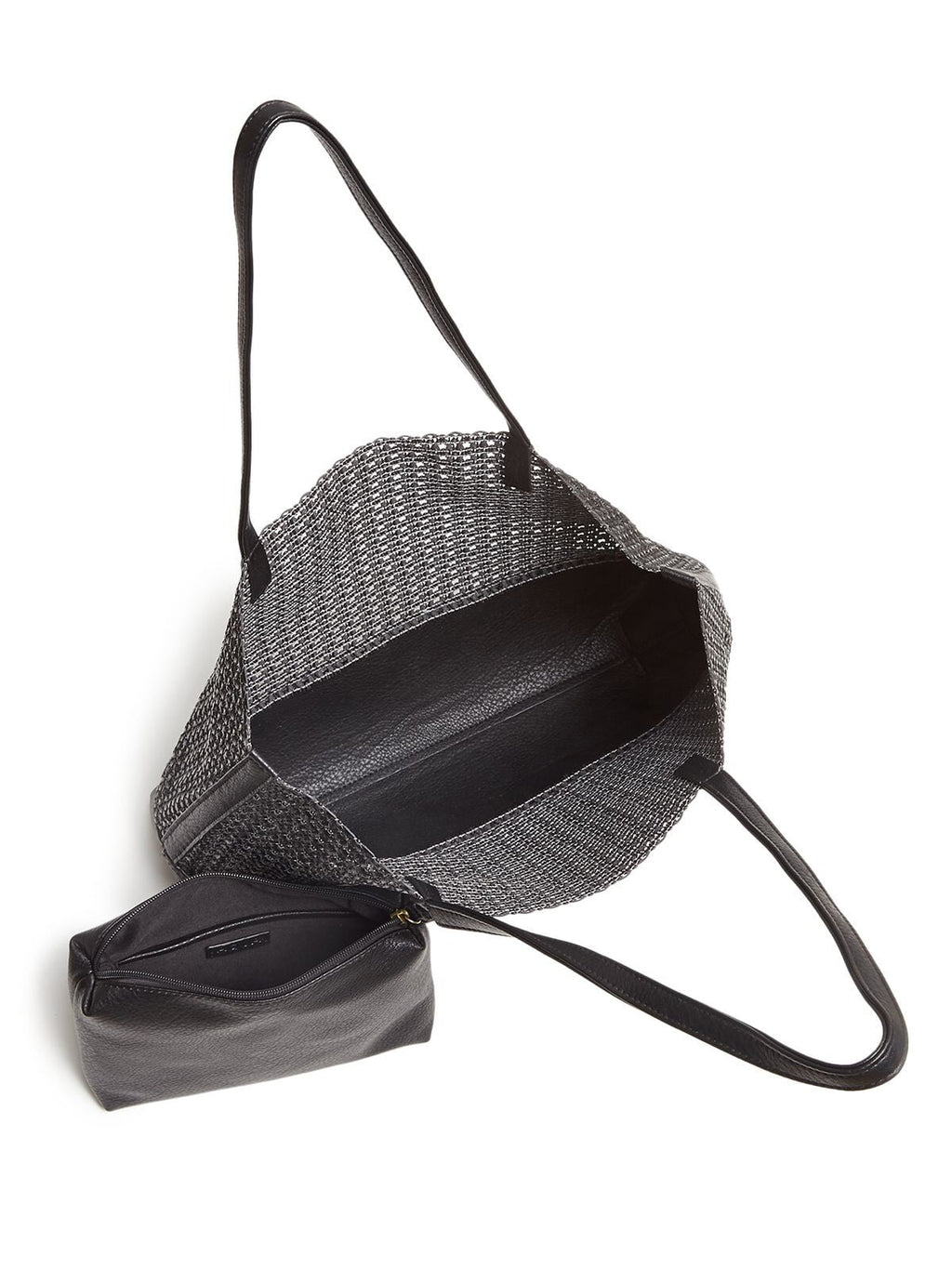 AQUA Women's Black Woven Double Flat Sizetrap Tote Handbag Purse