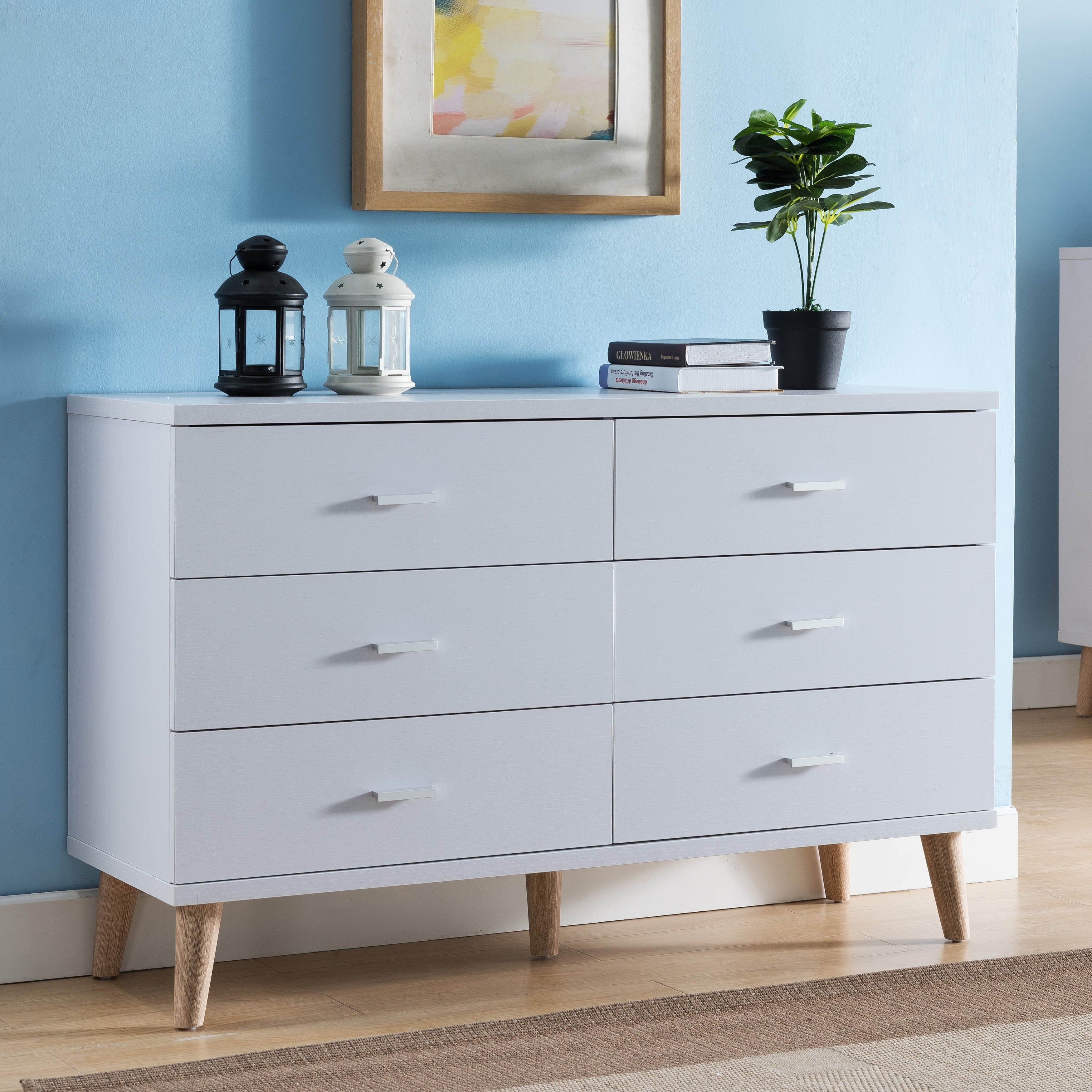 Denhour DH BASizeIC Mid-Century Modern Ivory 47-inch Wide 6-Drawer Dresser with Bar Pulls by