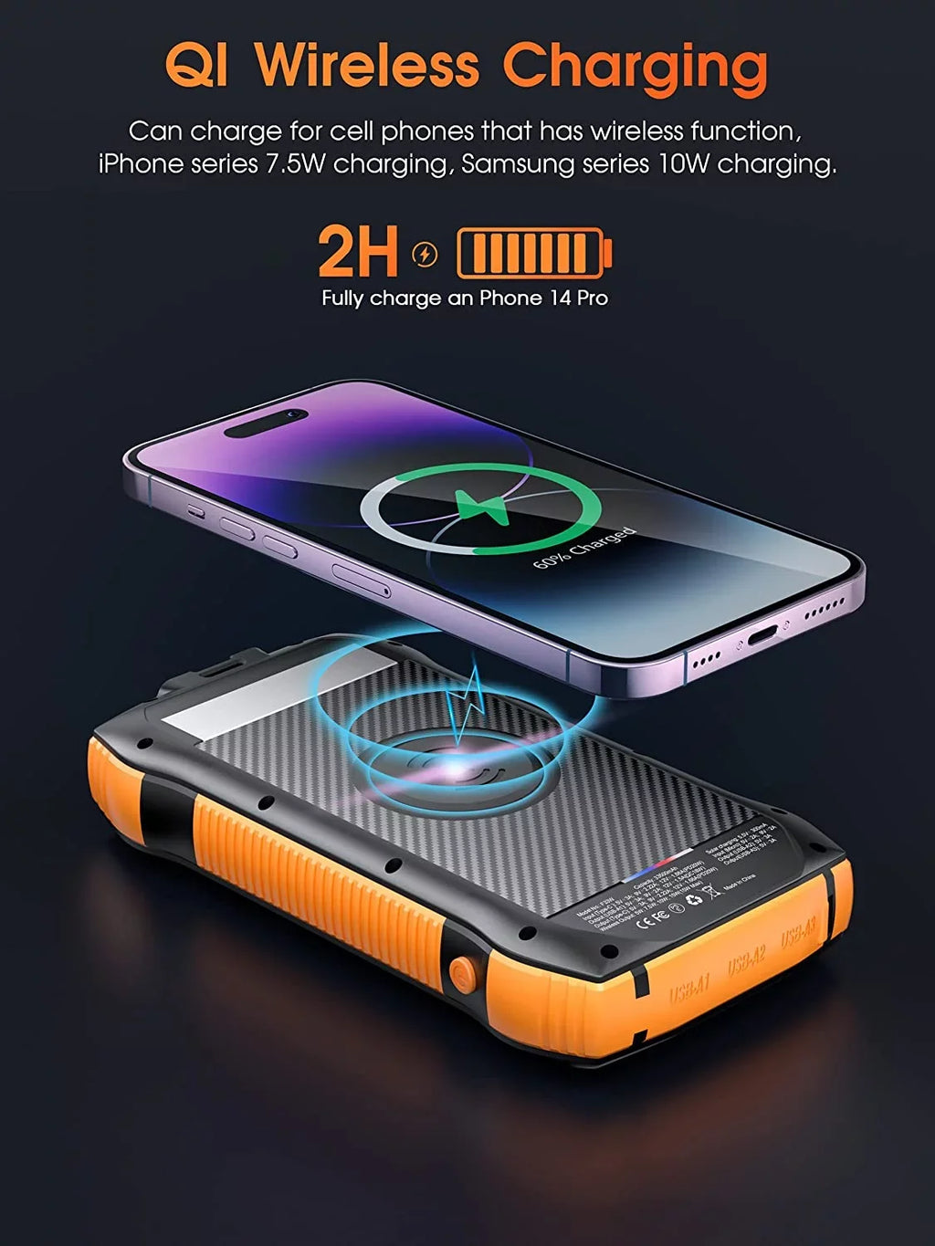Sizeolar Power Bank for Ulefone Power Armor 14 Pro - Portable Charger 33500mAh QC3.0 18W PD 20W Fast Charging, Portable Charger with 10W Wireless 5 Outputs IP67 Waterproof 6W Flashlight