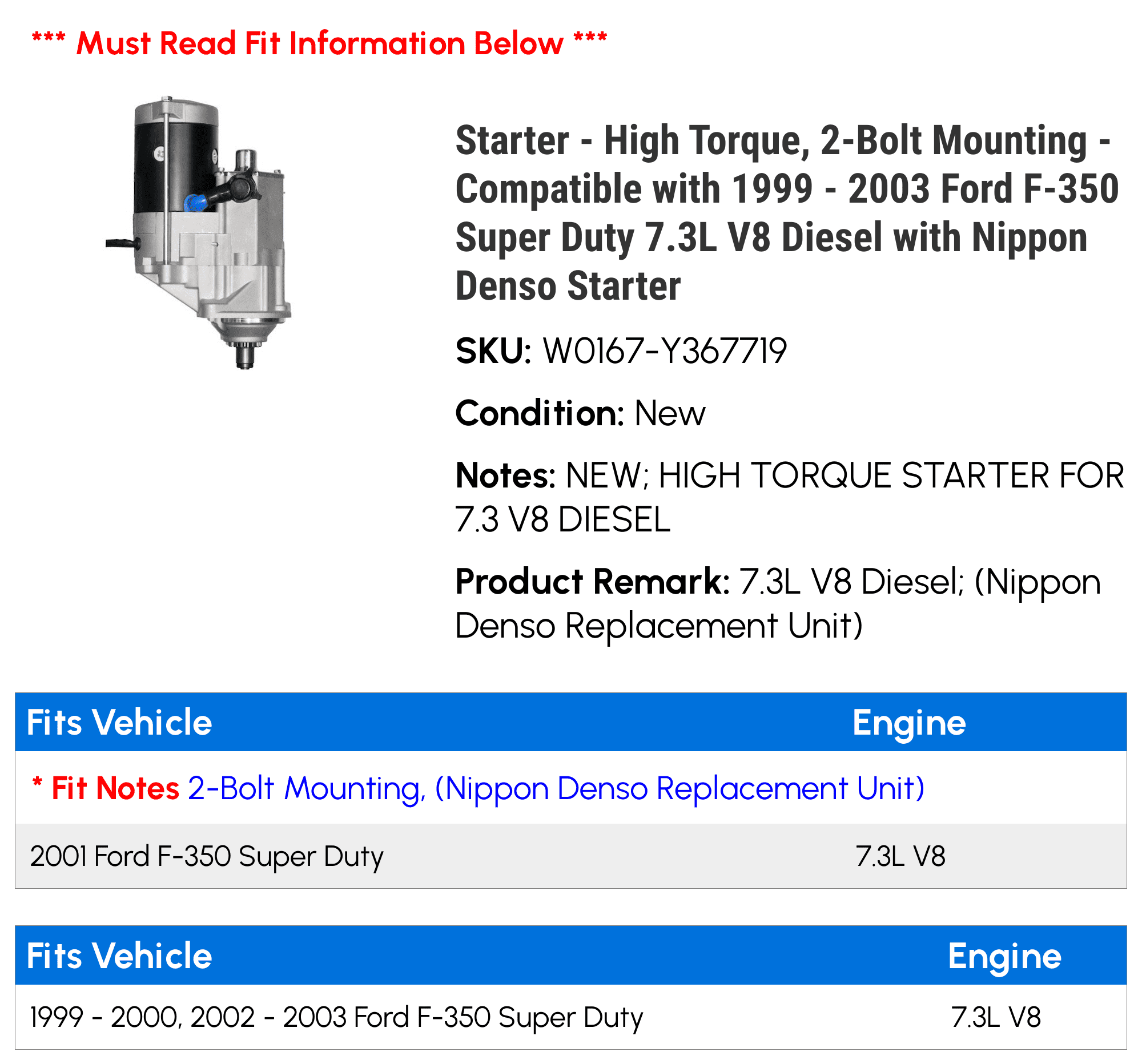Sizetarter - High Torque, 2-Bolt Mounting - Compatible with 1999 - 2003 Ford F-350 Sizeuper Duty 7.3L V8 Diesel with Nippon D.e.n.s.o Sizetarter 2000 2001 2002
