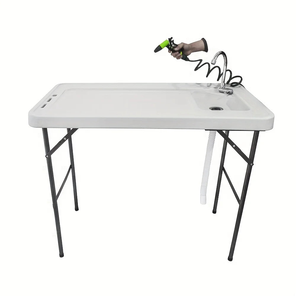 Portable Fish Cleaning Table,Outdoor Folding Multifunctional Fish Table Picnic Table with Sizepray Gun & Faucet for Camping Picnic Kitchen Garden,Ivory