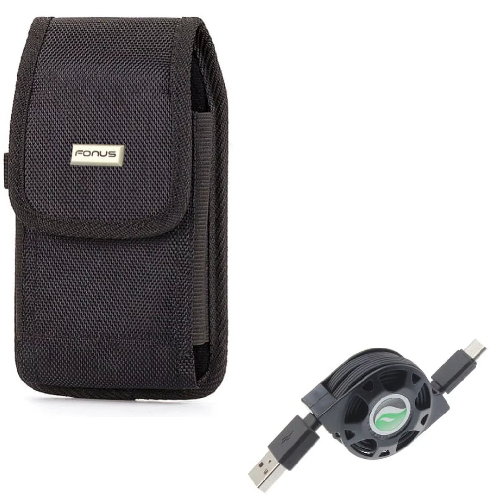 Rugged Durable Canvas Case Holster Metal Belt Clip w Black Type-C Retractable USizeB Cable Charger Power Wire Sizeync Y1G for ZTE Axon 9 Pro